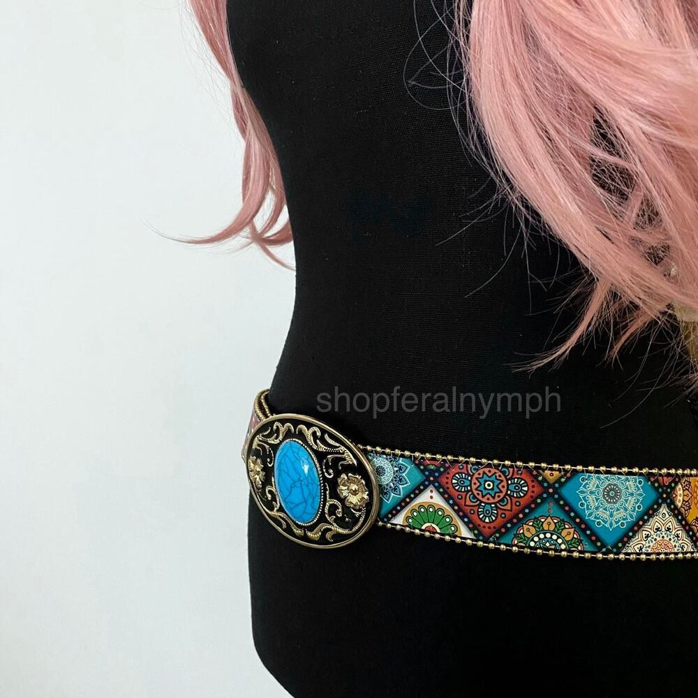 Boho Colorful Turquoise Buckle Western Y2K Belt, Fits 36.5-45 Inches, X7GA1289 - Picture 6 of 7